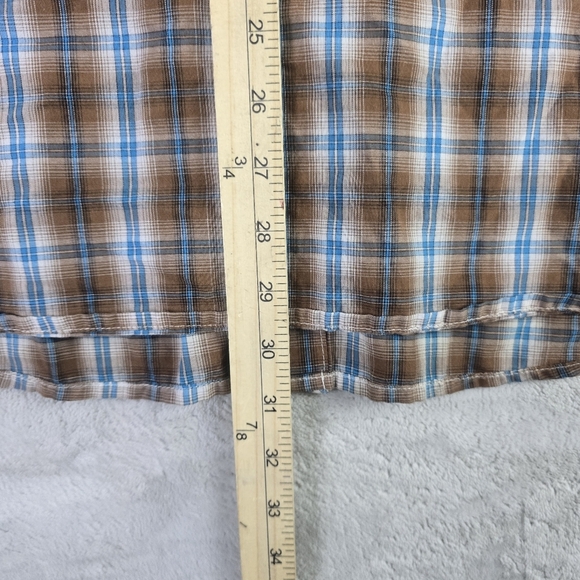 Wrangler Pearl Snap Button Up Short Sleeve Western Plaid Shirt Brown Blue - Picture 6 of 7